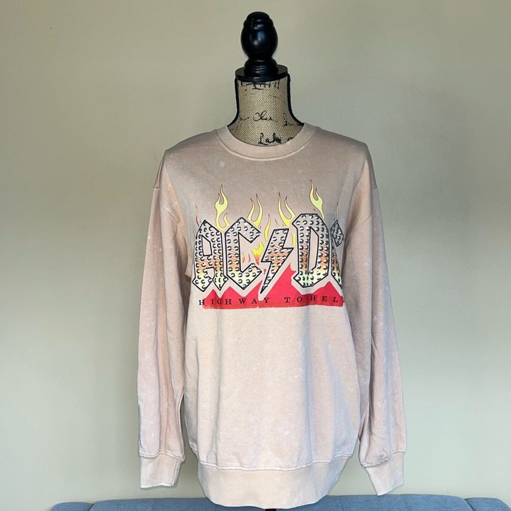 NWT AC/DC Desert Sand Acid Wash Studded  Highway to Hell Graphic Sweatshirt